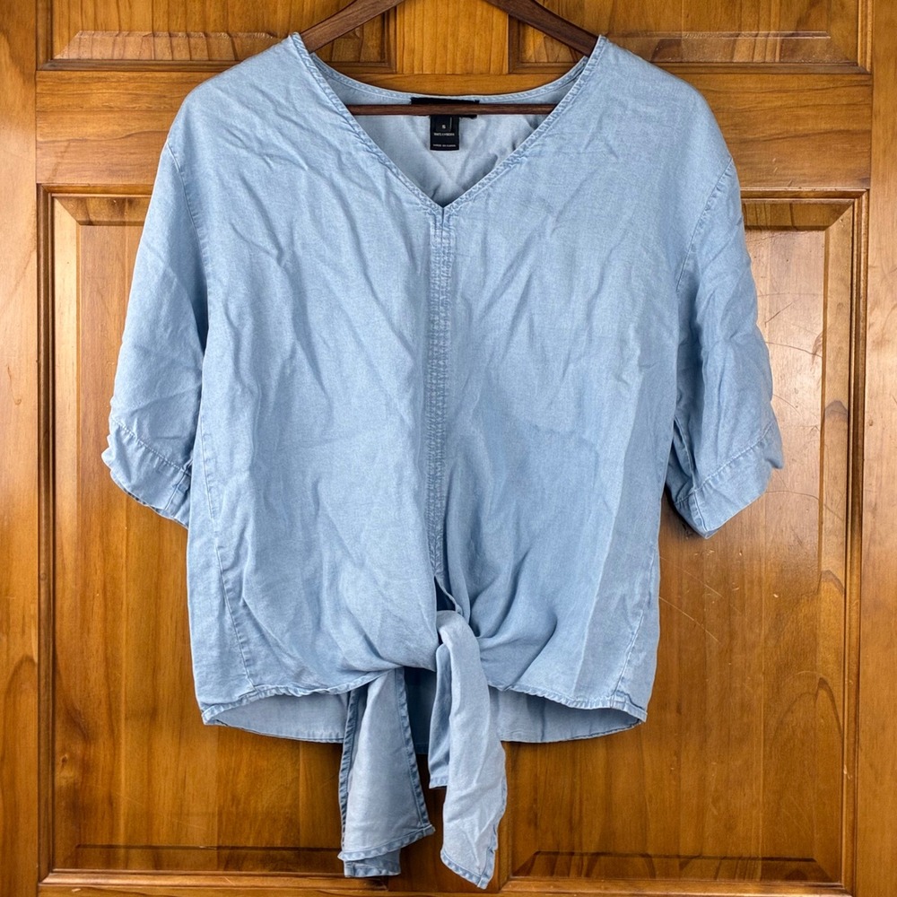 Karen Kane Women Blue 100% Lyocell Tie Front V-Neck Short Sleeve Top Small